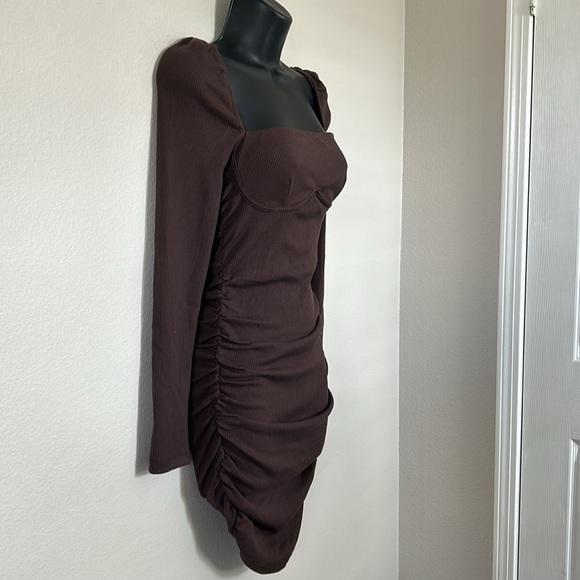Princess Polly Portia Brown Long Sleeve Ribbed Ruched Mini Dress - Picture 6 of 12